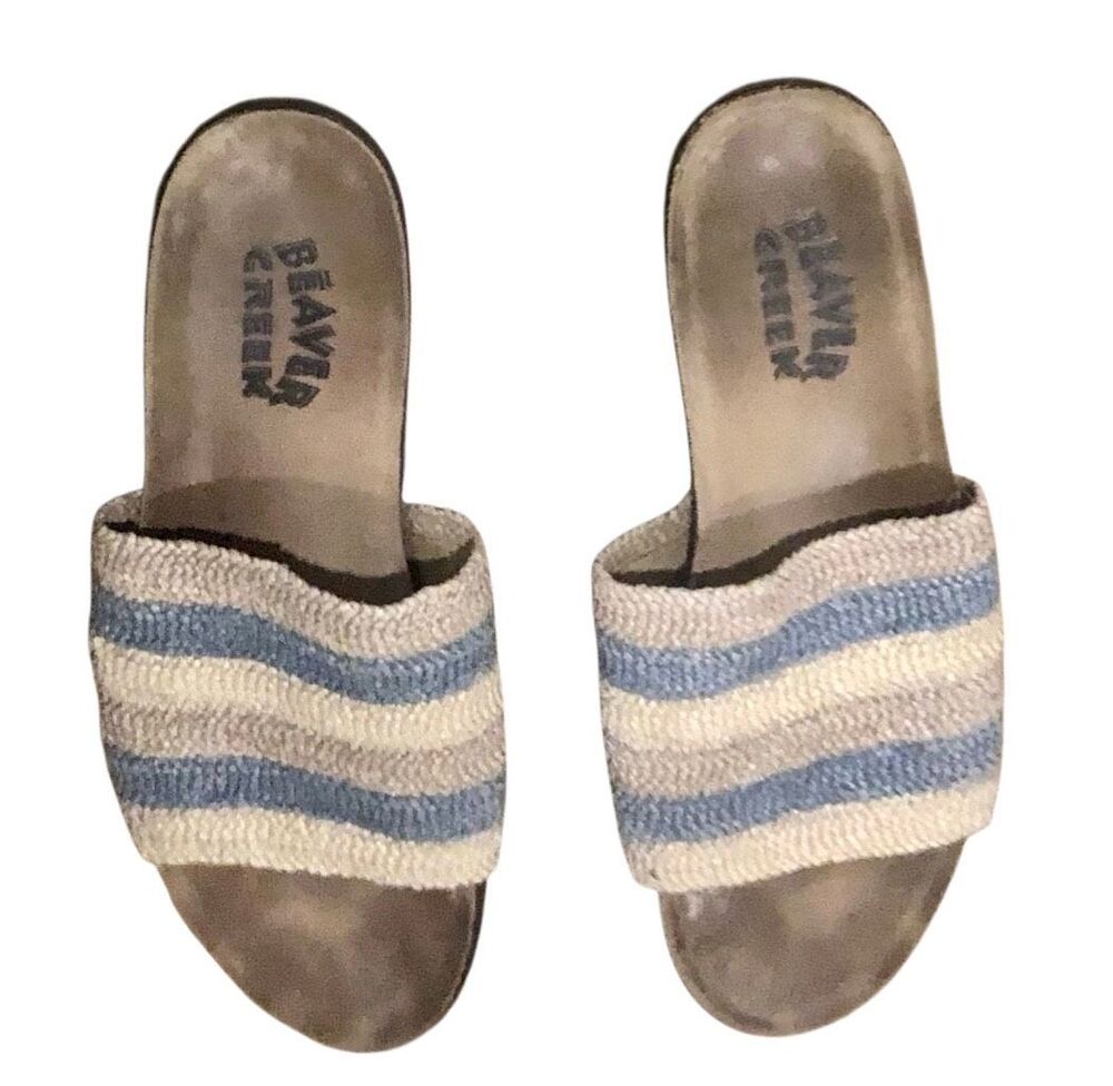 Weaved orthopedic Beaver Creek Slip On Weaved Fabric Sandals Blue Tan Cream Rubb